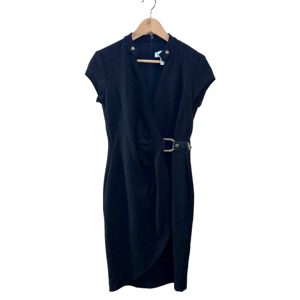 Joseph Ribkoff Black Faux Wrap Career Dress Gold Hardwear Belt Women's 6